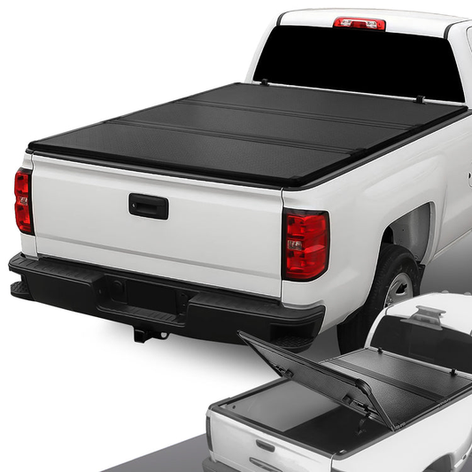 TAPADERA DE CAJUELA TONNEAU COVER - HARD TRI-FOLD - 14-18 CHEVY SILVERADO 1500, GMC SIERRA 1500 / 15-19 CHEVY SILVERADO 2500HD, 3500HD, GMC SIERRA2500HD, 3500HD / 2019 CHEVY SILVERADO 1500 LIMITED, GMC SIERRA 1500 LIMITED - FITS 6.5FT BED MODELS