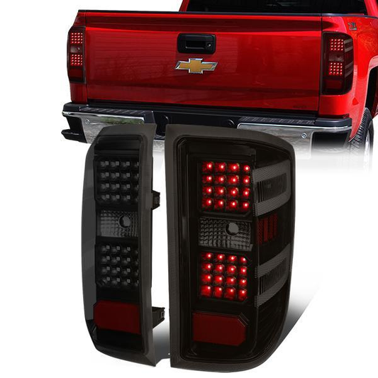 FAROS TRASEROS 14-19 CHEVY SILVERADO 1500 - 15-19 SILVERADO 2500HD 3500HD - 15-19 GMC SIERRA 3500HD DUAL REAR WHEELS - HALOGEN TAIL LIGHT MODELS ONLY - DUAL LED - BLACK / SMOKE