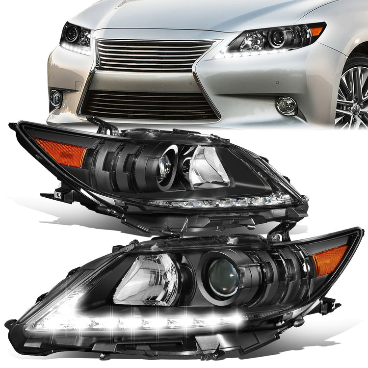 FAROS 13-15 LEXUS ES300H / 13-15 LEXUS ES350 - FITS MODELS WITH HALOGEN HEADLIGHTS ONLY - DOES NOT FIT FACTORY HID EQUIPPED MODELS - H11 LOW BEAM / 9005 HIGH BEAM / 7444NA TURN SIGNAL / 168 SIDE MARKER - BLACK HOUSING / AMBER CORNER