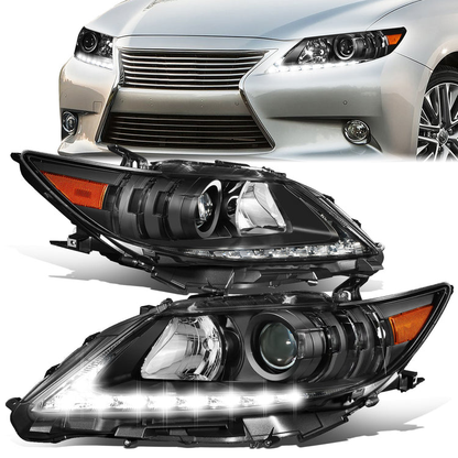 FAROS 13-15 LEXUS ES300H / 13-15 LEXUS ES350 - FITS MODELS WITH HALOGEN HEADLIGHTS ONLY - DOES NOT FIT FACTORY HID EQUIPPED MODELS - H11 LOW BEAM / 9005 HIGH BEAM / 7444NA TURN SIGNAL / 168 SIDE MARKER - BLACK HOUSING / AMBER CORNER