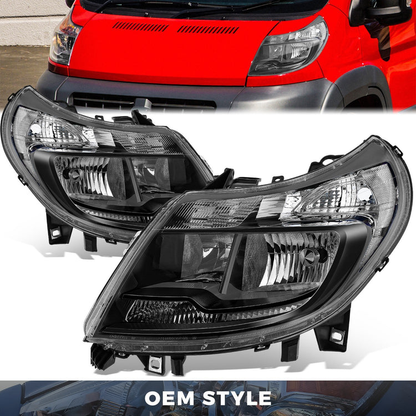 FAROS RAM PROMASTER 1500 2014-2022 / RAM PROMASTER 2500 2014-2022 / RAM PROMASTER 3500 2014-2022 - WITHOUT DAYTIME RUNNING LAMPS - OE STYLE - H7 LOW & HIGH BEAM / 2827 SIDE MARKER / 7443 TURN SIGNAL - BLACK HOUSING / CLEAR CORNER