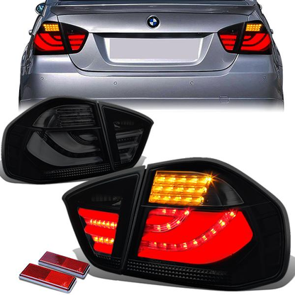 FAROS TRASEROS 05-08 BMW 3-SERIES E90 4-DR - 3D STRIP - LED - BLACK / SMOKE