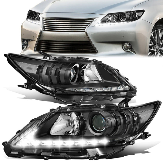 FAROS 13-15 LEXUS ES300H / 13-15 LEXUS ES350 - FITS MODELS WITH HALOGEN HEADLIGHTS ONLY - DOES NOT FIT FACTORY HID EQUIPPED MODELS - H11 LOW BEAM / 9005 HIGH BEAM / 7444NA TURN SIGNAL / 168 SIDE MARKER - BLACK HOUSING / CLEAR CORNER