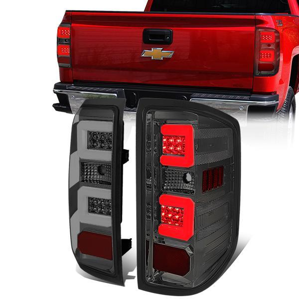 FAROS TRASEROS 14-19 CHEVY SILVERADO 1500 - 15-19 SILVERADO 2500HD 3500HD - 15-19 GMC SIERRA 3500HD DUAL REAR WHEELS - HALOGEN TAIL LIGHT MODELS ONLY - C-BAR - DUAL 3D STRIPS - LED - CHROME / SMOKE