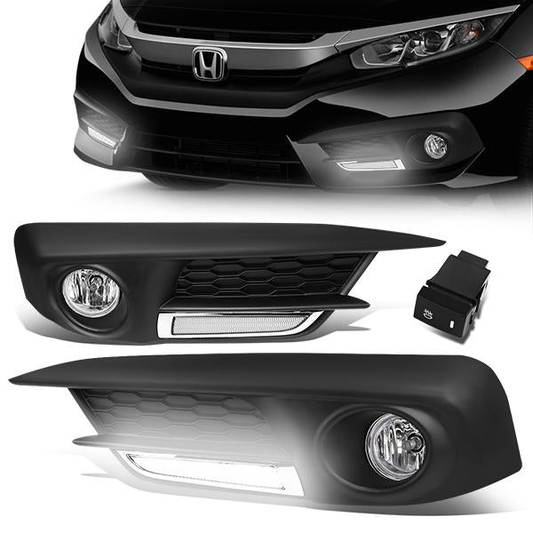 FAROS DE NIEBLA 16-17 HONDA CIVIC SEDAN, COUPE - DOES NOT FIT HATCHBACK OR TOURING MODELS - WITH SWITCH - LED DRL BEZEL - H8 BULB - CHROME / CLEAR