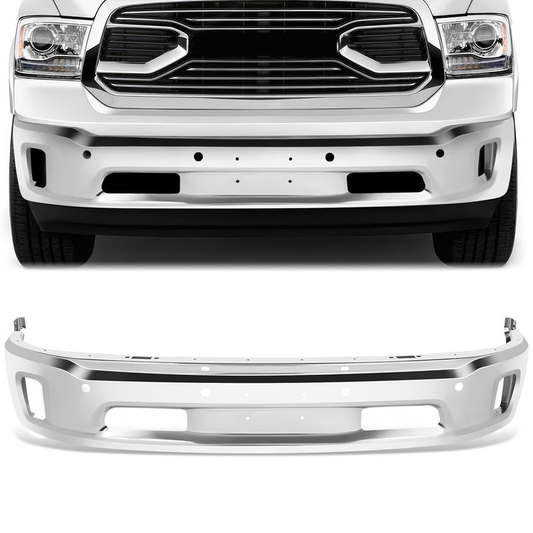 DEFENSA 14-18 RAM 1500 / 19-23 RAM 1500 CLASSIC, WITH PARKING SENSOR HOLES; WITH FOG LIGHT CUTOUTS - CHROME