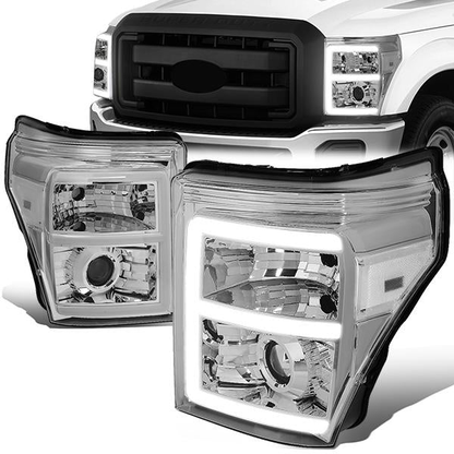 FAROS 11-16 FORD F-250, F-350, F-450, F-550 - SUPER DUTY 2/4-DOOR - LED E-BAR - HALO PROJECTOR - CHROME HOUSING / CLEAR CORNER - H7 LOW BEAM / H7 HIGH BEAM / 3157A SIGNAL 2825 MARKER