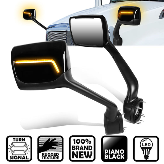 RETROVISOR HOOD MIRROR - 11-21 KENWORTH T680 / 13-21 PETERBILT 579 / 11-18 PETERBILT 587 - MARKER/ TURN SIGNAL LIGHTS NEED TO BE WIRED INTO EXISTING LIGHTING HARNESS - MANUAL - AMBER CHASING LED L-PATTERN - BLACK