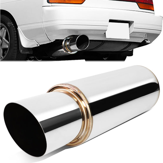 MOFLES RACING MUFFLER - TIP DIAMETER: 4.0"
TIP LENGTH: 4.3"
INLET DIAMETER: 2.5"
INLET LENGTH: 2.0"
BODY DIAMETER: 4.9"
BODY LENGTH: 12.2"
TOTAL LENGTH: 18.5" STRIGHT CUT / POLISHING