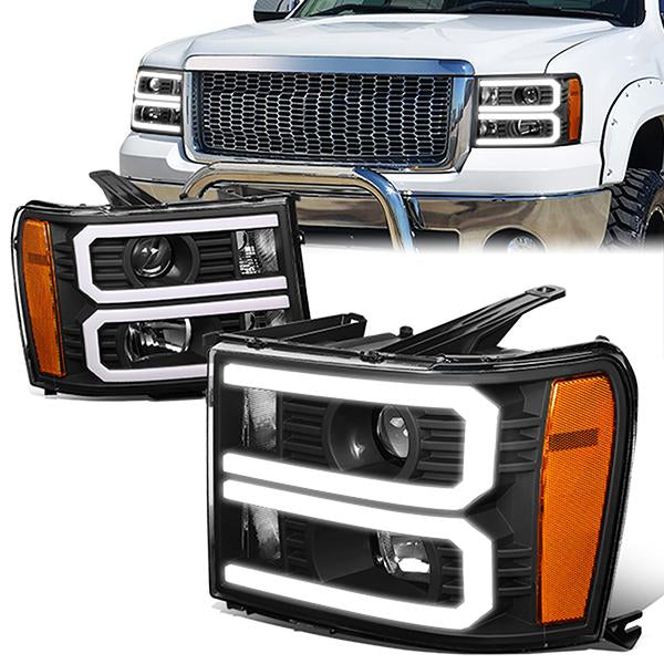 FAROS 07-13 GMC SIERRA 1500 / 07-14 GMC SIERRA 2500, 3500 - DOES NOT FIT 2007 CLASSIC STYLES - LIGHT BAR REQUIRES WIRING INTO EXISTING HARNESS - DUAL U-BAR LED DRL - BLACK HOUSING / AMBER CORNER