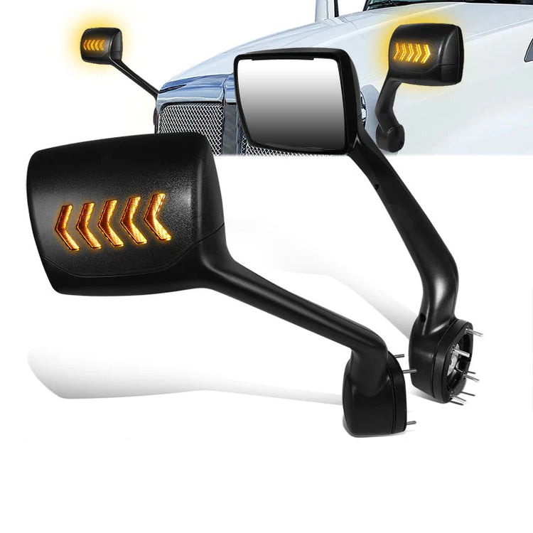 RETROVISOR HOOD MIRROR - 11-21 KENWORTH T680 / 13-21 PETERBILT 579 / 11-18 PETERBILT 587 - MARKER/ TURN SIGNAL LIGHTS NEED TO BE WIRED INTO EXISTING LIGHTING HARNESS - MANUAL - AMBER CHASING LED ARROW-CHEVRON - BLACK