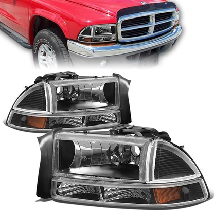 FAROS 97-04 DODGE DAKOTA / 98-04 DURANGO 2/4-DOOR - 4PC - BLACK HOUSING / AMBER CORNER - 9007 LOW BEAM / HIGH BEAM