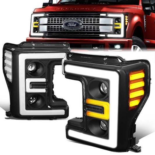 FAROS 17-19 FORD F-250 , F-350 , F-450 , F-550 SUPER DUTY - ONLY FITS HALOGEN HEADLIGHT MODELS - 3D - LED DRL - PROJECTOR - BLACK HOUSING / CLEAR CORNER - H1 LOW BEAM / H1 HIGH BEAM