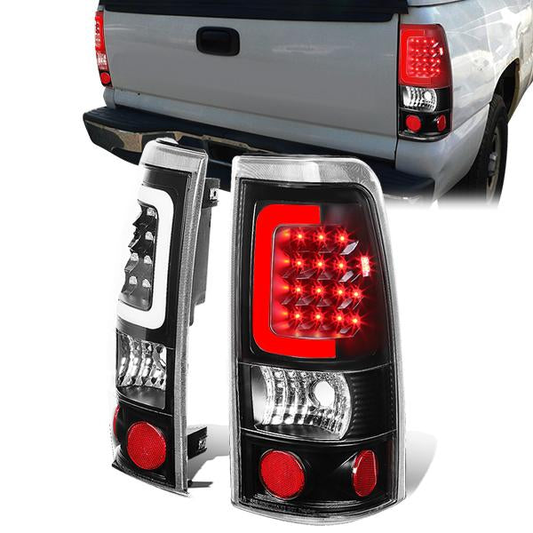FAROS TRASEROS 99-02 CHEVY SILVERADO 1500 , 2500 , 3500 , HD MODELS / 99-03 GMC SIERRA 1500 , 2500 , HD MODELS - C-BAR - 3D - U-HALO LED - BLACK / CLEAR
