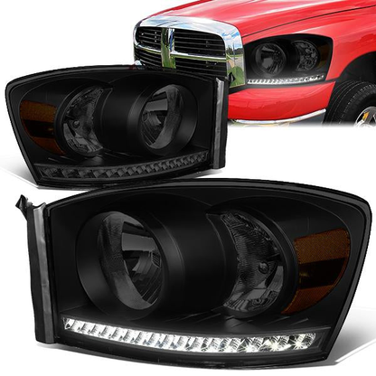 FAROS 06-08 DODGE RAM 1500 / 06-09 DODGE RAM 2500 , 3500 - FITS MODELS WITH HALOGEN HEADLAMPS ONLY - LED DRL - BLACK HOUSING / SMOKE LENS / AMBER CORNER - H13 LOW BEAM / H13 HIGH BEAM