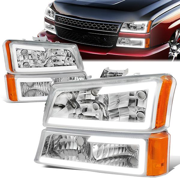 FAROS 03-06 CHEVY SILVERADO 1500, 2500, 3500 / 2007 CHEVY SILVERADO 1500, 2500, 3500 / 03-06 CHEVY AVALANCHE - FITS MODELS WITHOUT BODY CLADDING ONLY - FITS MODELS WITH HALOGEN HEADLIGHTS ONLY - LED DRL - 4PC - CHROME HOUSING / AMBER CORNER