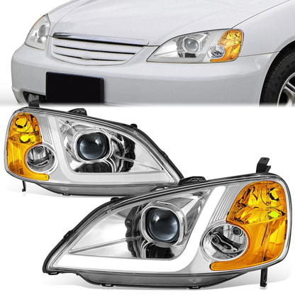 FAROS 01-03 HONDA CIVIC COUPE / SEDAN - LED RUNNING LIGHT REQUIRES WIRING INTO EXISTING LIGHTING WIRE HARNESS - LED DRL - PROJECTOR - CHROME HOUSING / AMBER CORNER - H7 LOW BEAM / H7 HIGH BEAM