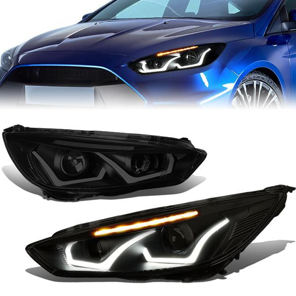 FAROS 15-17 FORD FOCUS 4-DOOR - ONLY FITS HALOGEN HEADLIGHT MODELS -  DOES NOT FIT ELECTRIC MODELS - LED - DUAL HALO PROJECTOR - BLACK HOUSING / SMOKE LENS / CLEAR CORNER - H11 LOW BEAM / H1 HIGH BEAM
