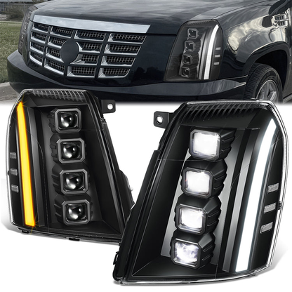 FAROS 07-14 CADILLAC ESCALADE / 07-14 CADILLAC ESCALADE ESV / 07-13 CADILLAC ESCALADE EXT - PROJECTOR HOUSING - QUAD PROJECTOR BEAM FULL LED SWITCHBACK LIGHT BAR - H7 / H1 - BLACK HOUSING / CLEAR CORNER