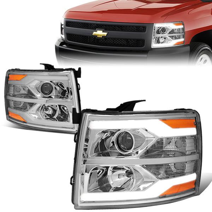 FAROS 07-13 CHEVY SILVERADO 1500 / 07-17 SILVERADO 2500, 3500 AND HD MODELS - DOES NOT FIT 2007 OLD BODY CLASSIC MODELS - LED DRL - DUAL LED - CHROME HOUSING / AMBER CORNER