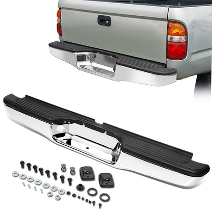 nan REAR BUMPER - 95-04 TOYOTA TACOMA - W/ LICENSE PLATE LIGHTS - W/O PARKING SENSOR HOLES - BLACK / CHROME TRIM