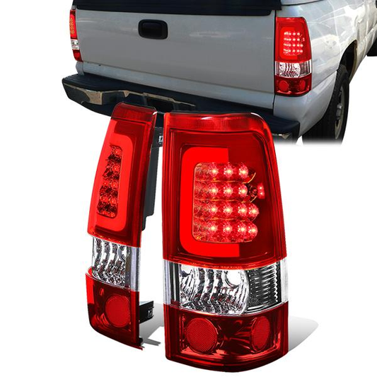 FAROS TRASEROS 99-02 CHEVY SILVERADO 1500 , 2500 , 3500 , HD MODELS / 99-03 GMC SIERRA 1500 , 2500 , HD MODELS - RED C-BAR - 3D - U-HALO LED - CHROME / RED