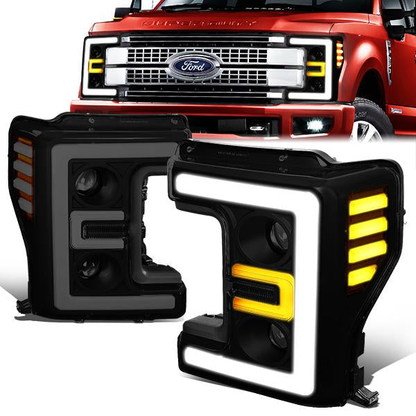 FAROS 17-19 FORD F-250 , F-350 , F-450 , F-550 SUPER DUTY - ONLY FITS HALOGEN HEADLIGHT MODELS - 3D - LED DRL - PROJECTOR - BLACK HOUSING / SMOKE LENS / AMBER CORNER - H1 LOW BEAM / H1 HIGH BEAM