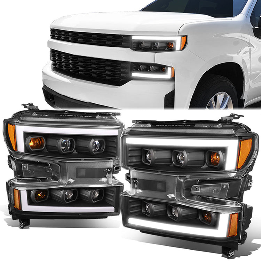 FAROS 19-21 CHEVY SILVERADO 1500 WT/CUSTOM/TRAIL BOSS ONLY / 22 SILVERADO 1500 LTD - LED DRL - QUAD PROJECTOR - BLACK HOUSING / AMBER CORNER - H1 HIGH / H1 LOW / 7444 SIGNAL - DOES NOT FIT FACTORY LED MODELS