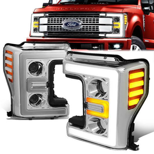 FAROS 17-19 FORD F-250 , F-350 , F-450 , F-550 SUPER DUTY - ONLY FITS HALOGEN HEADLIGHT MODELS - 3D - LED DRL - PROJECTOR - CHROME HOUSING / AMBER CORNER - H1 LOW BEAM / H1 HIGH BEAM