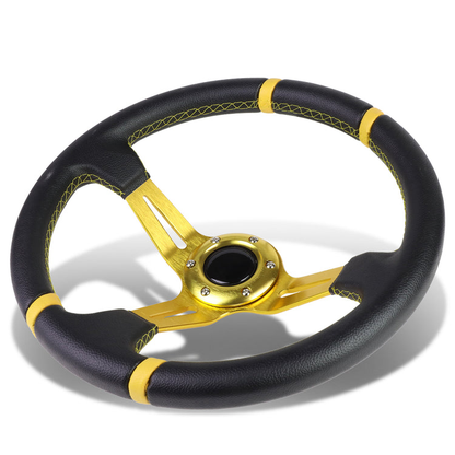VOLANTE STEERING WHEEL - 350MM - PVC BLACK LEATHER - 6-BOLT - ALUMINUM - GOLD CENTER W/ 2 GOLD STRIPES ON TOP & BOTTOM