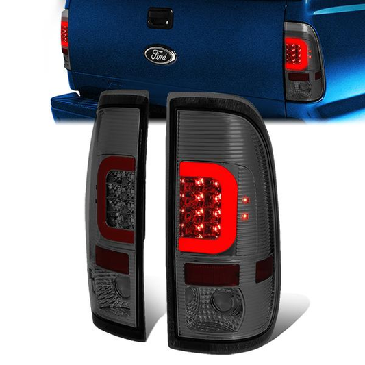 FAROS TRASEROS 97-03 FORD F-150 / 97-99 FORD F-250 / 99-07 FORD F-250, F-350, F-450, F-550 - SUPER DUTY / 04 FORD F-150 HERITAGE - RED C-BAR - 3D - LED - FITS STYLESIDE MODELS ONLY - CHROME / SMOKE