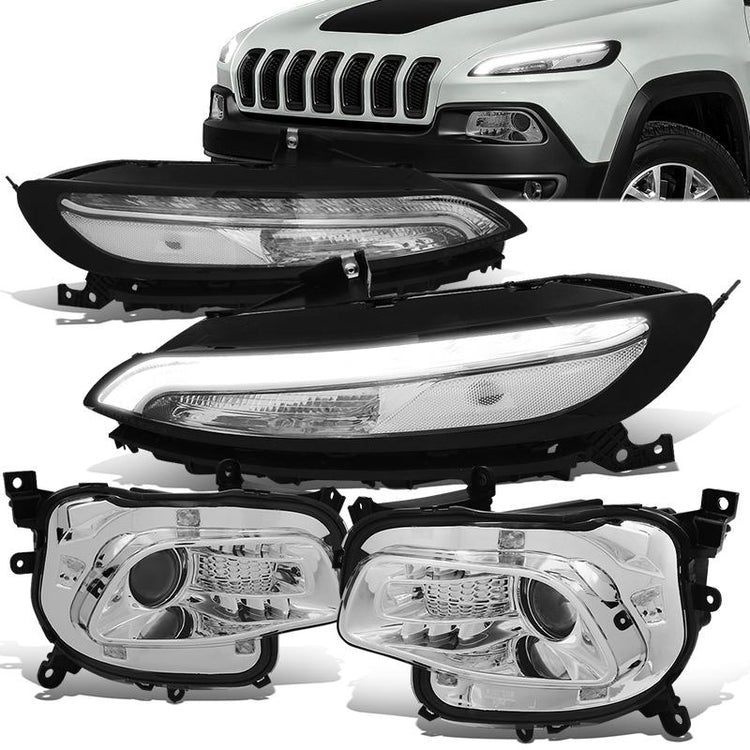 FAROS 14-18 JEEP CHEROKEE - FITS MODELS WITH FACTORY HALOGEN HEADLIGHTS ONLY. DOES NOT FIT HID MODELS - OE STYLE - LED DRL - PROJECTOR - 9005 LOW BEAM / HIGH BEAM,7440 SIGNAL, 194 MARKER - CHROME HOUSING / CLEAR CORNER
