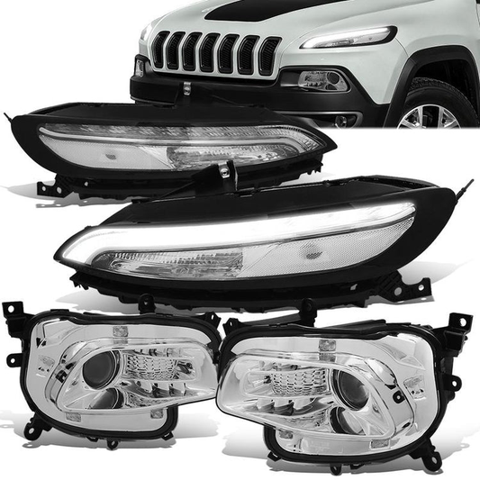 FAROS 14-18 JEEP CHEROKEE - FITS MODELS WITH FACTORY HALOGEN HEADLIGHTS ONLY. DOES NOT FIT HID MODELS - OE STYLE - LED DRL - PROJECTOR - 9005 LOW BEAM / HIGH BEAM,7440 SIGNAL, 194 MARKER - CHROME HOUSING / CLEAR CORNER