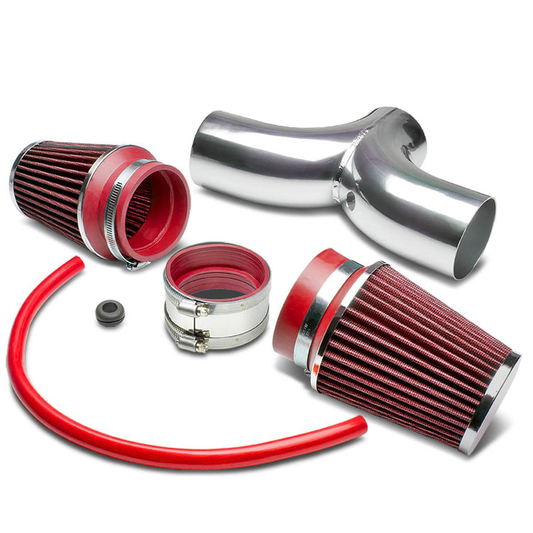 FILTRO DE AIRE ALTO FLUJO 02-04 CHEVY CORVETTE / 02-09 DODGE DAKOTA / 04-09 DURANGO / 03-10 RAM 1500 / 03-04 JEEP GRAND CHEROKEE / 04-07 LIBERTY - 3.50" SHORT RAM - FITS MODELS WITH 3.7L, 4.7L, 5.7L ENGINE ONLY - DUAL INTAKE + FILTER SEST - ALUMINUM - RED
