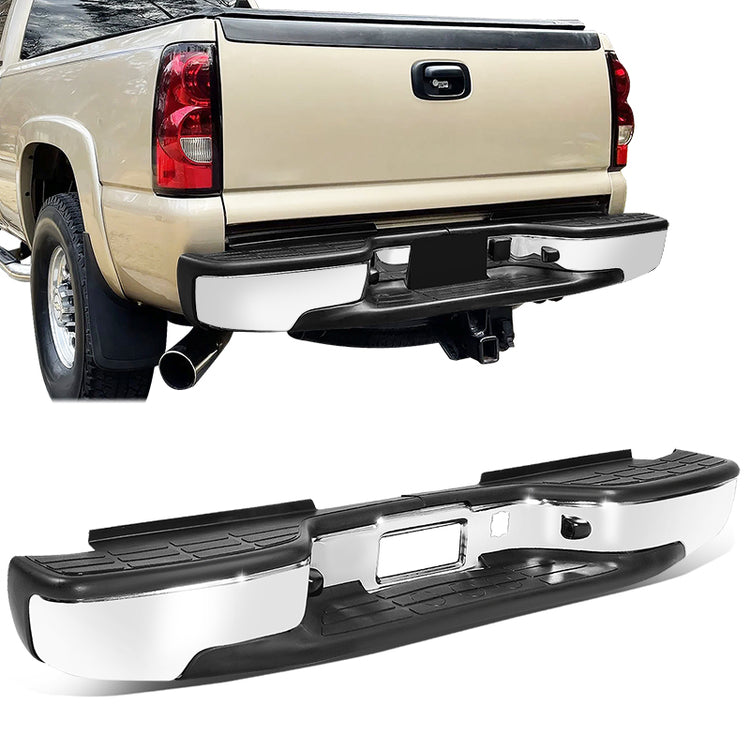 DEFENSA TRASERA 01-07 CHEVY SILVERADO GMC SIERRA 2500HD 3500 CLASSIC - W/O PARKING SENSOR HOLES - W/ LICENSE PLATE LIGHTS - FITS MODELS W/O REAR PARKING SENSORS - CHROME/STEEL