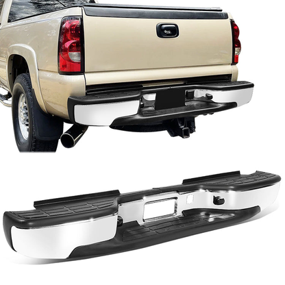 DEFENSA TRASERA 01-07 CHEVY SILVERADO GMC SIERRA 2500HD 3500 CLASSIC - W/O PARKING SENSOR HOLES - W/ LICENSE PLATE LIGHTS - FITS MODELS W/O REAR PARKING SENSORS - CHROME/STEEL