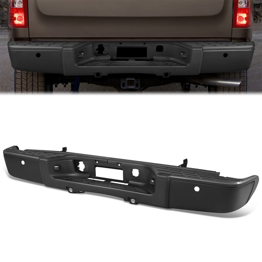 DEFENSA TRASERA 07-13 CHEVY SILVERADO 1500 GMC SIERRA 1500 - W/ PARKING SENSOR HOLES - W/ LICENSE PLATE LIGHTS - FITS MODELS W/ REAR PARKING SENSORS - BLACK/STEEL