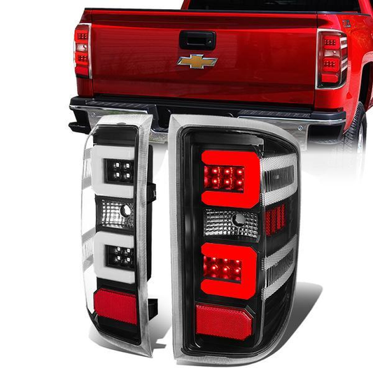 FAROS TRASEROS 14-19 CHEVY SILVERADO 1500 - 15-19 SILVERADO 2500HD 3500HD - 15-19 GMC SIERRA 3500HD DUAL REAR WHEELS - HALOGEN TAIL LIGHT MODELS ONLY - C-BAR - DUAL 3D STRIPS - LED - BLACK / CLEAR