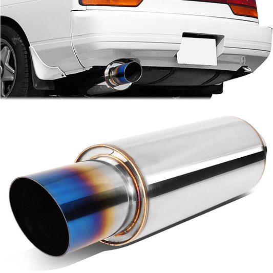 MOFLES RACING MUFFLER - TIP DIAMETER: 3.0"
TIP LENGTH: 3.5"
INLET DIAMETER: 2.0"
INLET LENGTH: 1.77"
BODY DIAMETER: 4.0"
BODY LENGTH: 9.2"
TOTAL LENGTH: 14.7" STRIGHT CUT / BURN TIP