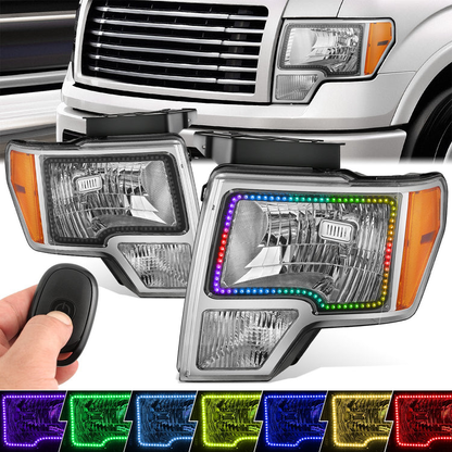 FAROS FORD F-150 2009-2014 - FX4 / HARLEY-DAVIDSON EDITION / KING RANCH / LARIAT / PLATINUM / XL / XLT MODEL - LED HALO RING RGB RUNNING LIGHT - H13 HIGH / LOW BEAM / 3157 TURN SIGNAL / 168 MARKER - CHROME HOUSING / AMBER CORNER