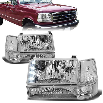 FAROS 92-96 FORD F-150, F-250, F-350, BRONCO 2/4-DR - 6PC - LED - 9007 LOW BEAM / HIGH BEAM - 3157A TURN SIGNAL - CHROME HOUSING / CLEAR CORNER