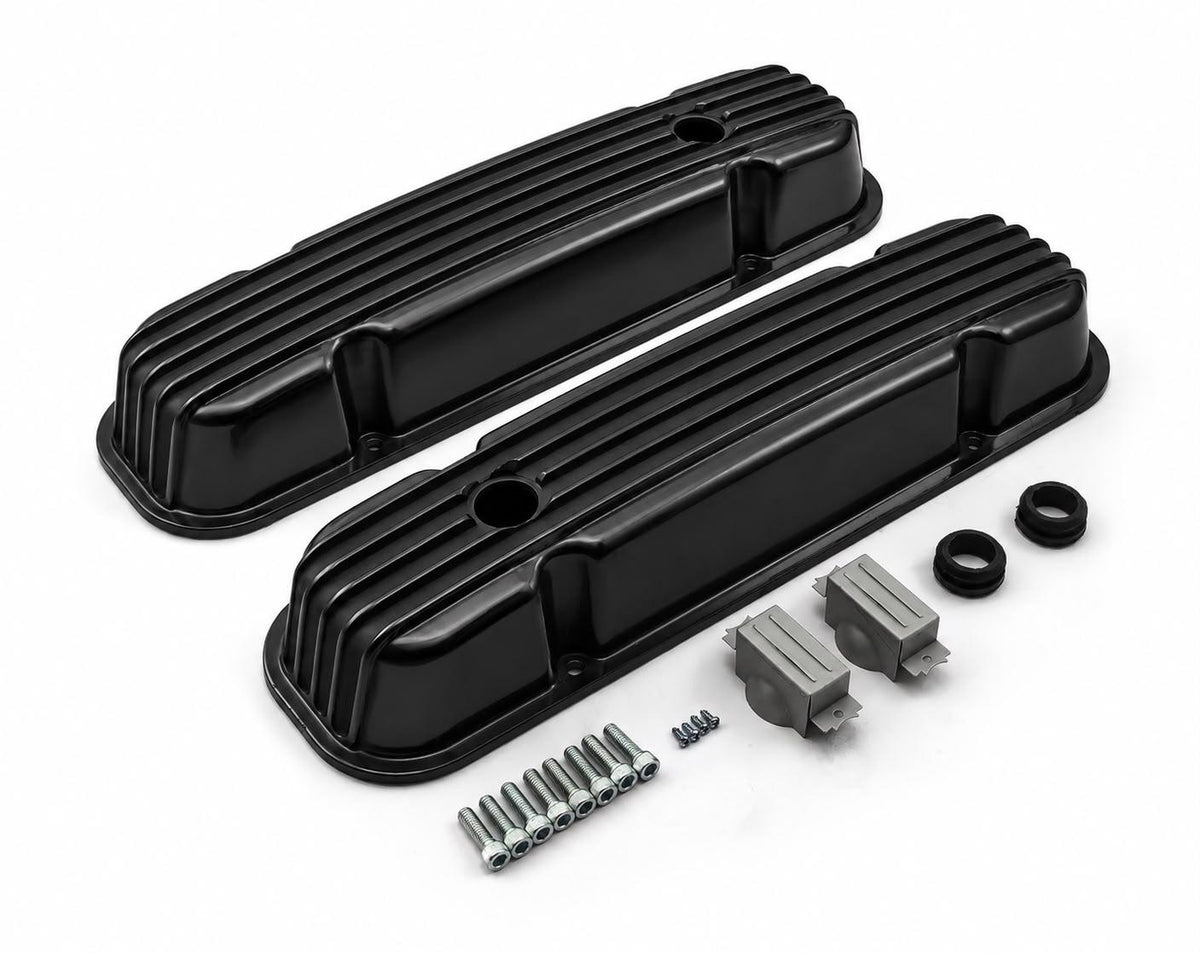 Pontiac 326 400 455 Polished Nostalgic Finned Aluminum Valve Covers w/Hole